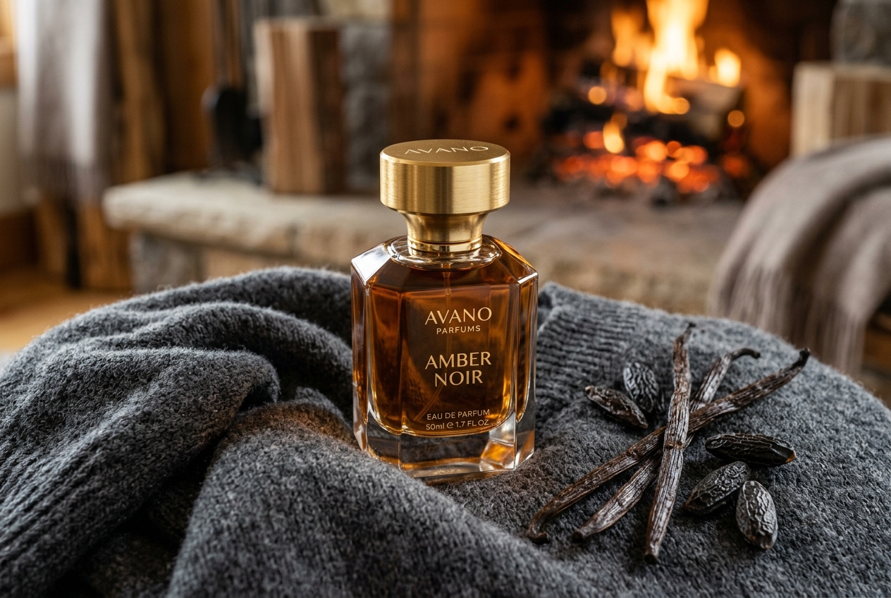 Avano Amber Noir Luxury Perfume Bottle on Cashmere Sweater by Fireplace